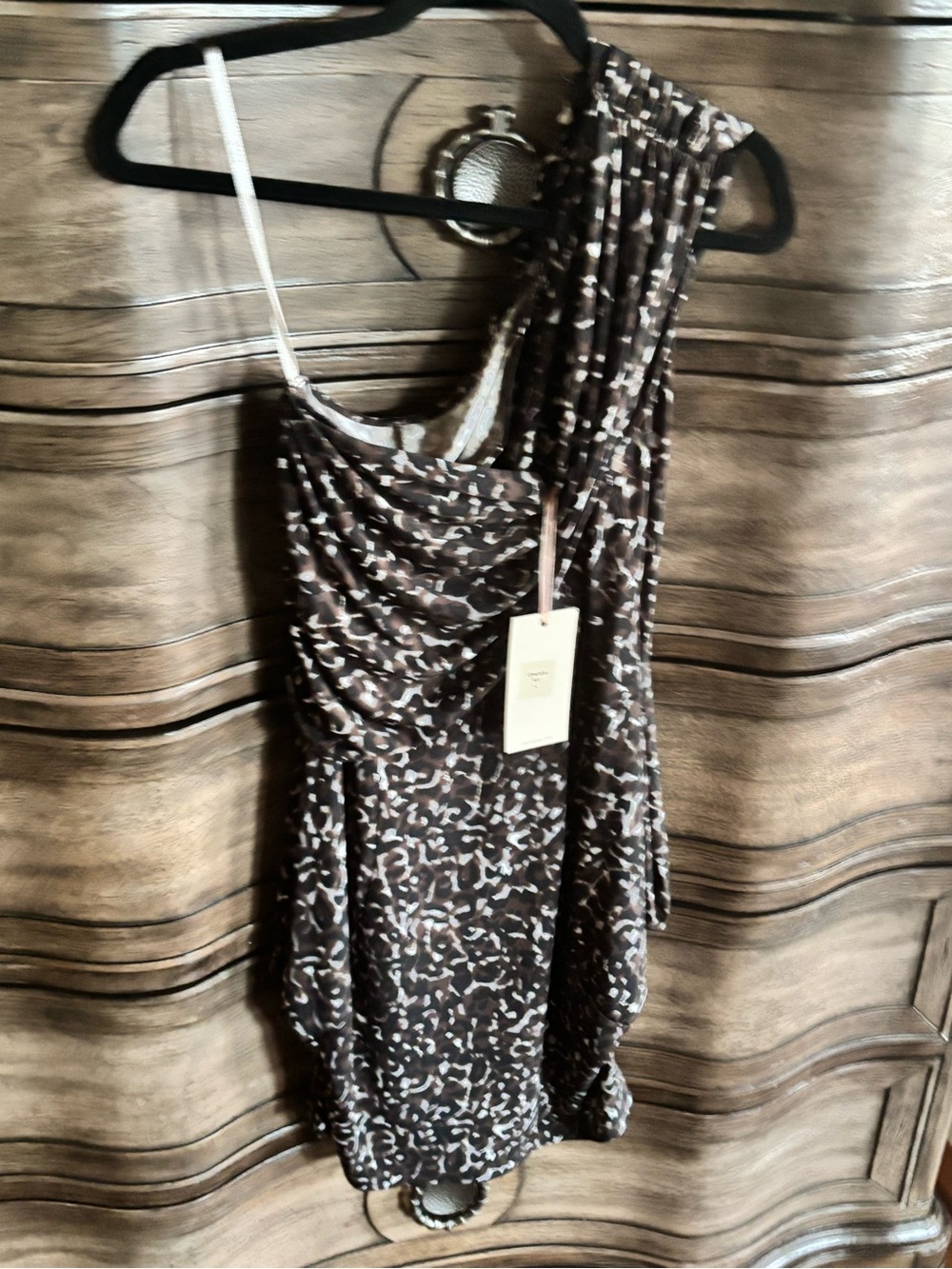 Hale Bob Brown and Cream One-Shoulder Animal Print Dress